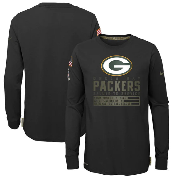 Youth Green Bay Packers Black NFL 2020 Salute To Service Sideline Performance Long Sleeve T-Shirt
